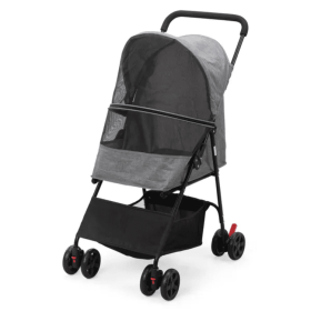 Foldable Pet Stroller, Small Dog Cat Stroller With Storage Basket For Small Puppies, Gray And Black