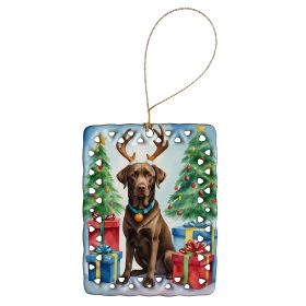 Chocolate Labrador Retriever Christmas Reindeer Porcelain Ornament Christmas Tree Hanging Decorations for Home Christmas Holiday, Rectangle, Gift
