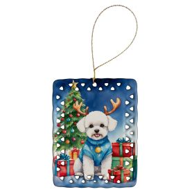 Bichon Frise Christmas Reindeer Porcelain Ornament Christmas Tree Hanging Decorations for Home Christmas Holiday, Rectangle, Gift, Multicolor