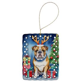 English Bulldog Christmas Reindeer Porcelain Ornament Christmas Tree Hanging Decorations for Home Christmas Holiday, Rectangle, Gift, Multicolor