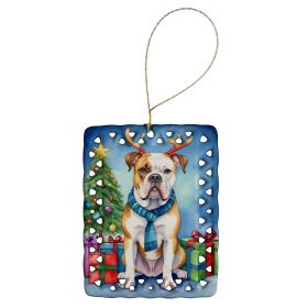 American Bulldog Christmas Reindeer Porcelain Ornament Christmas Tree Hanging Decorations for Home Christmas Holiday, Rectangle, Gift, Multicolor