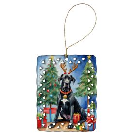 Black Great Dane Christmas Reindeer Porcelain Ornament Christmas Tree Hanging Decorations for Home Christmas Holiday, Rectangle, Gift, Multicolor
