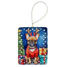 French Bulldog Christmas Reindeer Porcelain Ornament Christmas Tree Hanging Decorations for Home Christmas Holiday, Rectangle, Gift, Multicolor