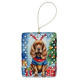 English Cocker Spaniel Christmas Reindeer Porcelain Ornament Christmas Tree Hanging Decorations for Home Christmas Holiday, Rectangle, Gift