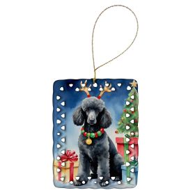 Black Standard Poodle Christmas Reindeer Porcelain Ornament Christmas Tree Hanging Decorations for Home Christmas Holiday, Rectangle, Gift, Multi