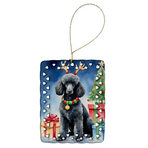Black Standard Poodle Christmas Reindeer Porcelain Ornament Christmas Tree Hanging Decorations for Home Christmas Holiday, Rectangle, Gift, Multi