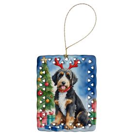 Bernedoodle Christmas Reindeer Porcelain Ornament Christmas Tree Hanging Decorations for Home Christmas Holiday, Rectangle, Gift, Multicolor