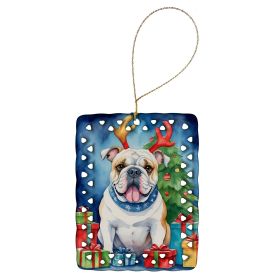 White English Bulldog Christmas Reindeer Porcelain Ornament Christmas Tree Hanging Decorations for Home Christmas Holiday, Rectangle, Gift, Multi