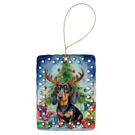 Black and Tan Dachshund Christmas Reindeer Porcelain Ornament Christmas Tree Hanging Decorations for Home Christmas Holiday, Rectangle, Gift