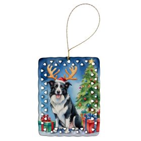 Border Collie Christmas Reindeer Porcelain Ornament Christmas Tree Hanging Decorations for Home Christmas Holiday, Rectangle, Gift, Multicolor