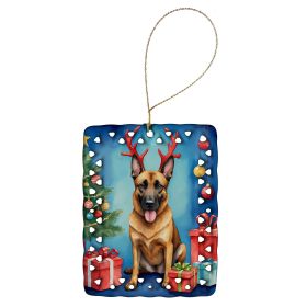 Belgian Malinois Christmas Reindeer Porcelain Ornament Christmas Tree Hanging Decorations for Home Christmas Holiday, Rectangle, Gift, Multicolor