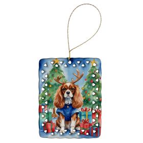 Cavalier Spaniel Christmas Reindeer Porcelain Ornament Christmas Tree Hanging Decorations for Home Christmas Holiday, Rectangle, Gift, Multicolor