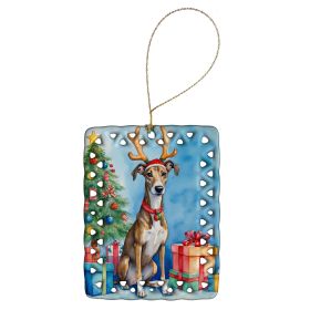 Brindle Greyhound Christmas Reindeer Porcelain Ornament Christmas Tree Hanging Decorations for Home Christmas Holiday, Rectangle, Gift, Multicolo