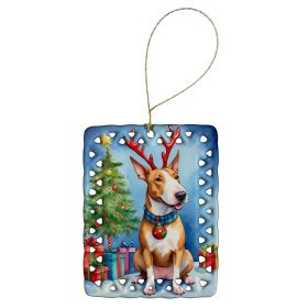 Bull Terrier Christmas Reindeer Porcelain Ornament Christmas Tree Hanging Decorations for Home Christmas Holiday, Rectangle, Gift, Multicolor
