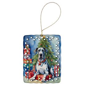 Harlequin Great Dane Christmas Reindeer Porcelain Ornament Christmas Tree Hanging Decorations for Home Christmas Holiday, Rectangle, Gift, Multic