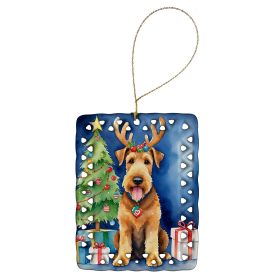 Airedale Terrier Christmas Reindeer Porcelain Ornament Christmas Tree Hanging Decorations for Home Christmas Holiday, Rectangle, Gift, Multicolor