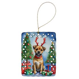 Border Terrier Christmas Reindeer Porcelain Ornament Christmas Tree Hanging Decorations for Home Christmas Holiday, Rectangle, Gift, Multicolor